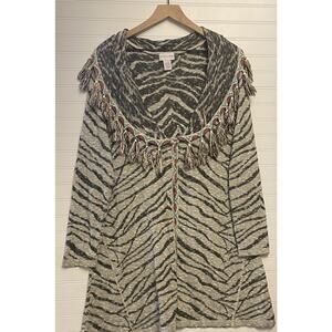 Soft Surroundings Zebra Orint Cardigan SZ L Fringe Open Oversized Shaw Collar